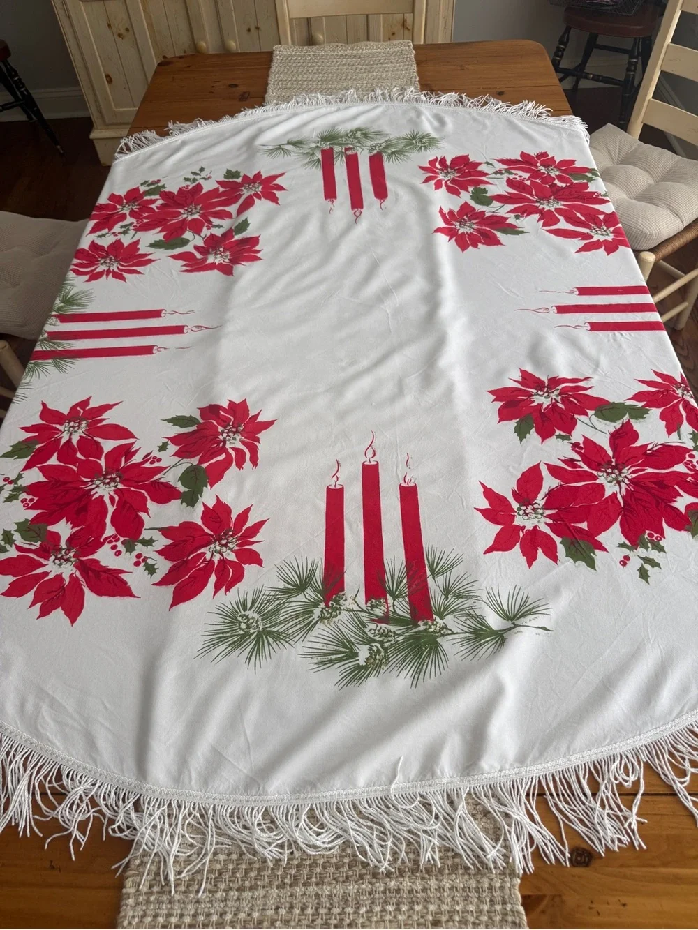 Round Christmas Tablecloth 62” Poinsettia Candle Fringe Mid Century Holiday